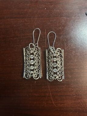 Silver Filigree Drop Earrings with Clear Crystals - Women Jewelry